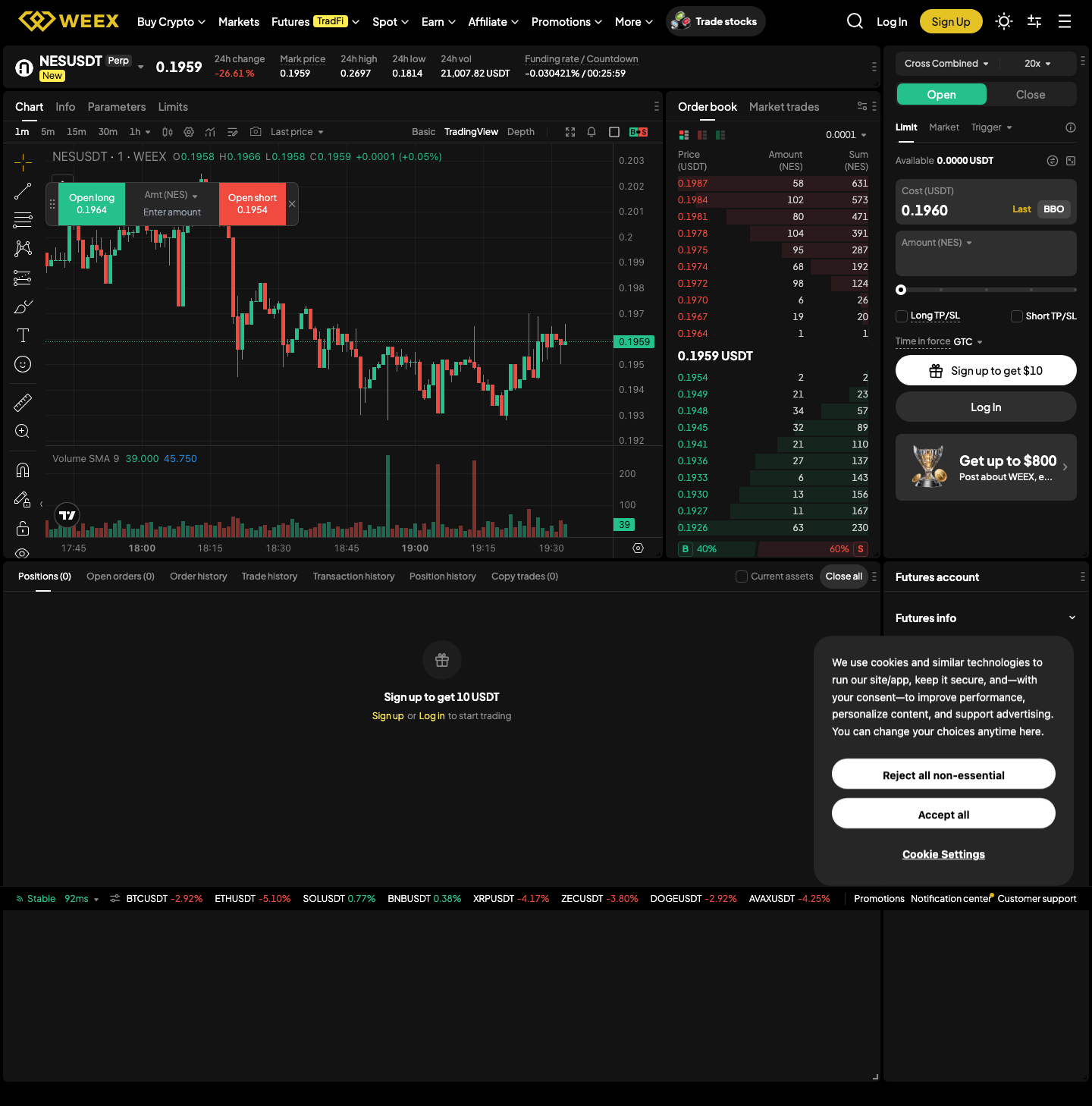WEEX Futures 合约交易页面，显示 NES-USDT 合约交易界面