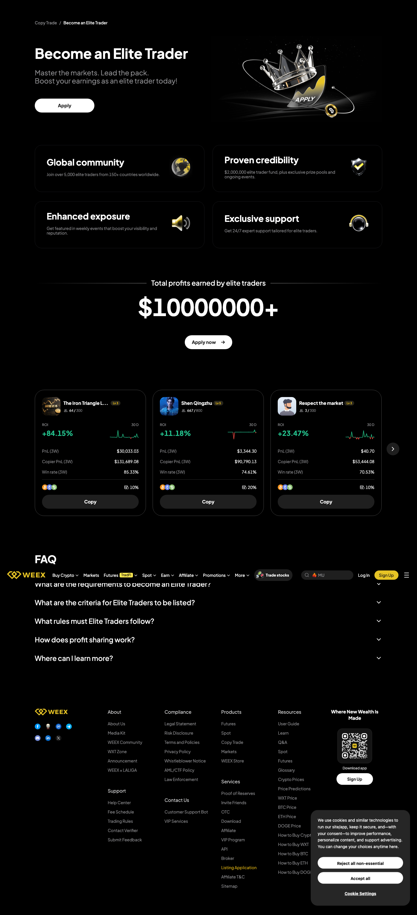 WEEX Copy Trading 跟单交易页面，显示精英交易员列表和跟单信息